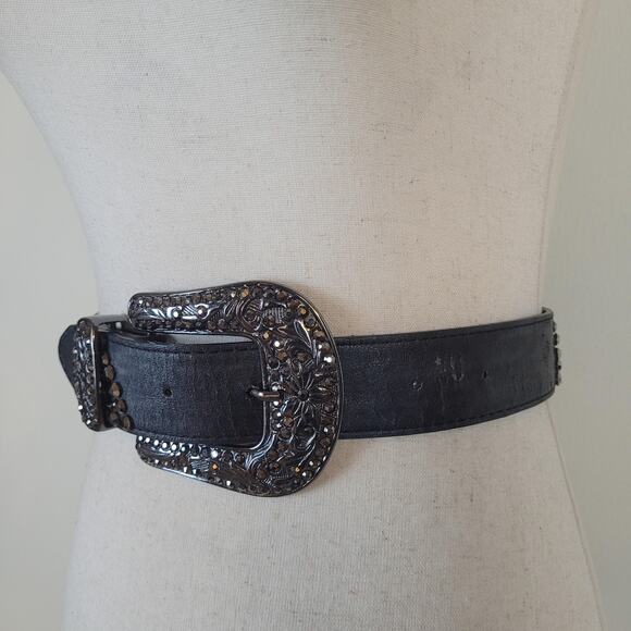 Black Leather Belt Sml Western Cowgirl Rhinestone Buckle Studs Boho Rodeo Bling main image 7